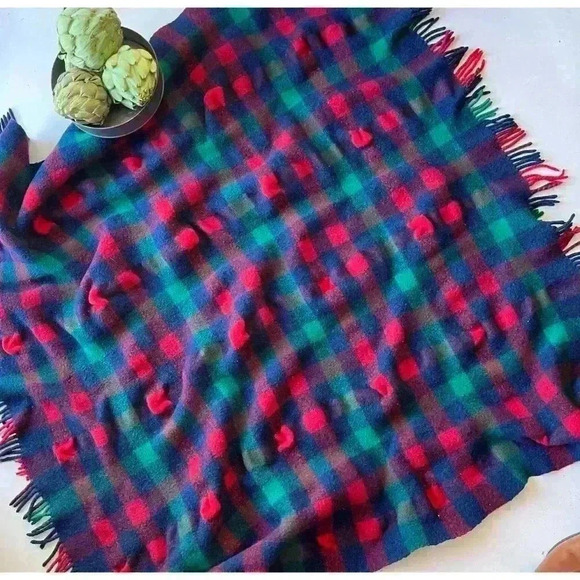 Wool plaid stadium throw | plaid red blue green | fringe 1960 retro country - Picture 3 of 6